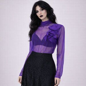 VTG Alfred Sung Purple Silk Chiffon Blouse 6 Sheer Floral Mock Neck Whimsigoth